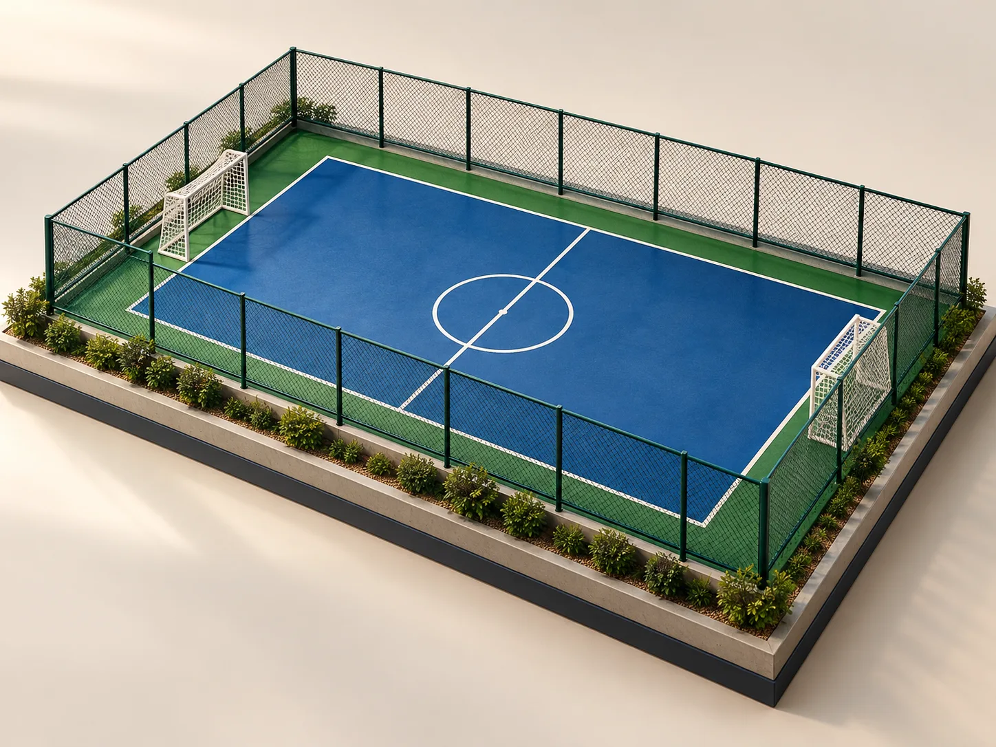 Ilustração conceitual em 3D de quadra azul com alambrado e gols.